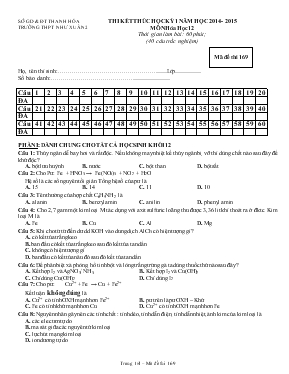 Thi kết thúc học kỳ 1 năm học 2014 - 2015 môn hóa học 12 thời gian làm bài 60 phút